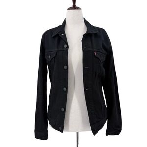 Levis Womens Black Denim Trucker Jacket Size S Button Front Long Sleeve Classic
